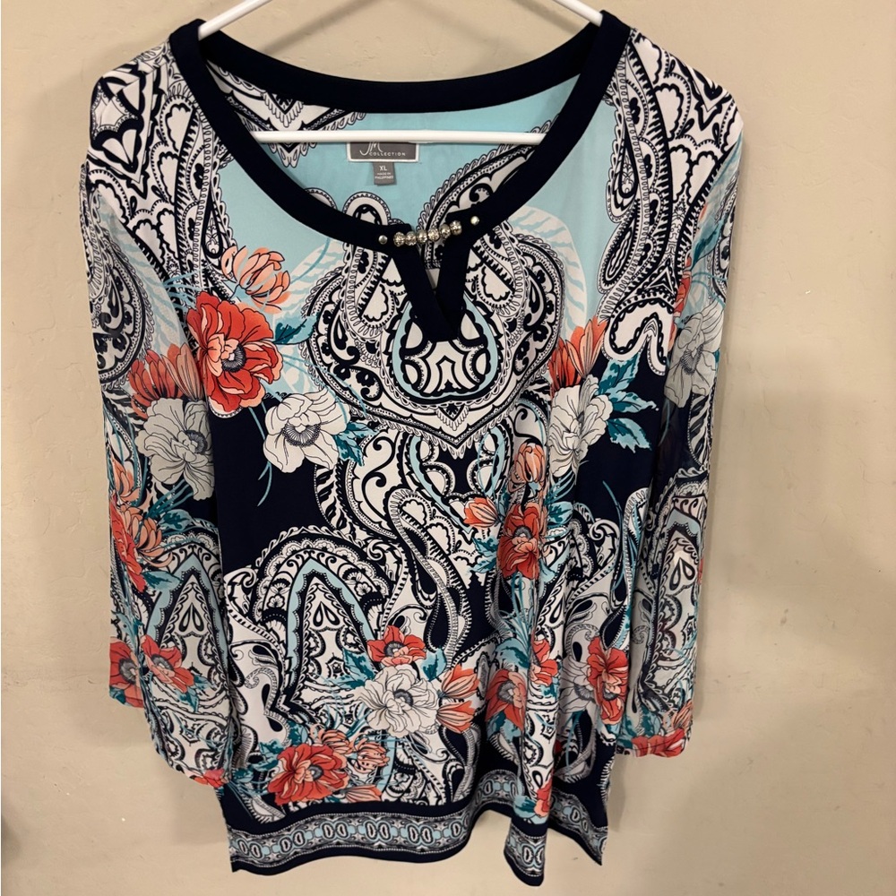JM Collection Black, Coral & Light Blue Paisley Floral Scoop Neck Top